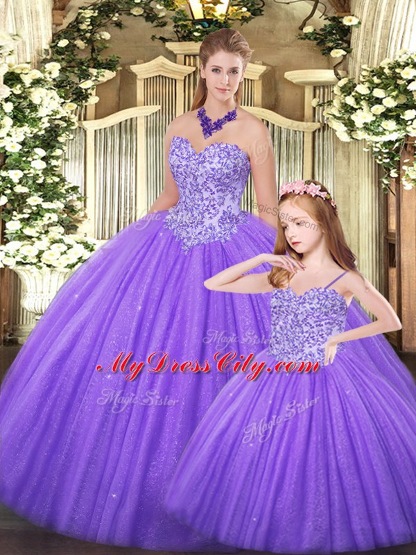 Elegant Eggplant Purple Ball Gowns Sweetheart Sleeveless Tulle Floor Length Lace Up Beading Sweet 16 Dress