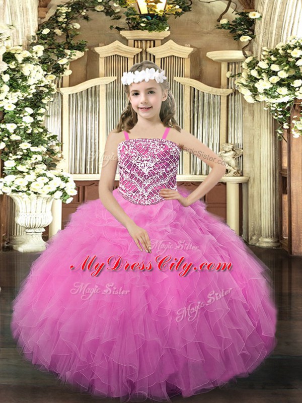 Elegant Floor Length Rose Pink Little Girl Pageant Dress Organza Sleeveless Beading and Ruffles