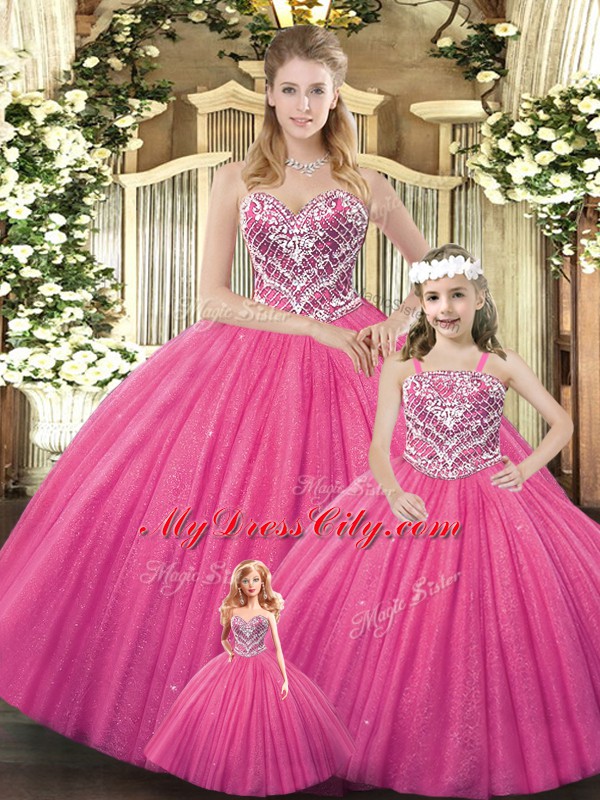 Hot Pink Sleeveless Beading Floor Length Sweet 16 Quinceanera Dress