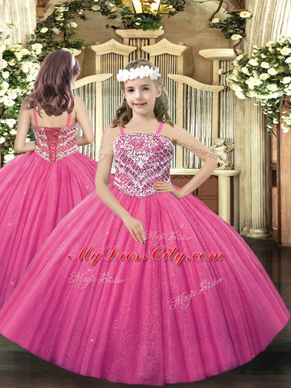 Hot Pink Sleeveless Beading Floor Length Sweet 16 Quinceanera Dress