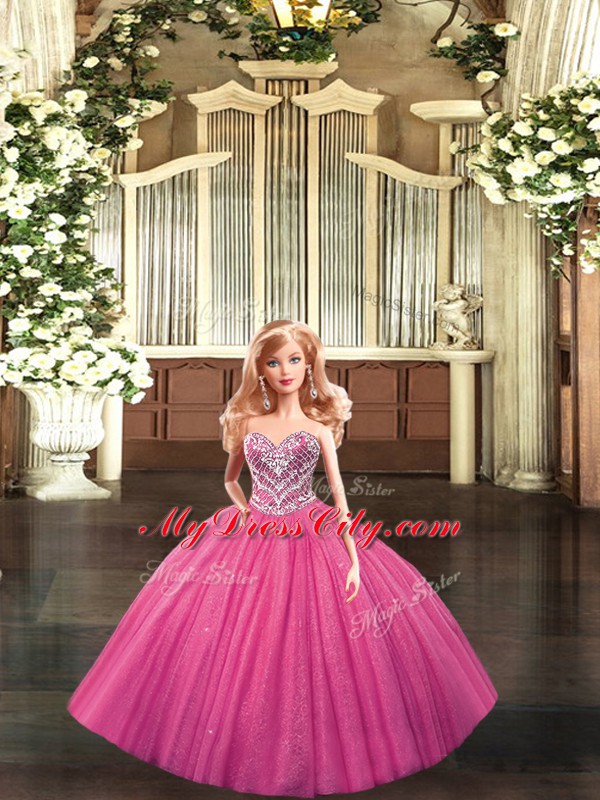 Hot Pink Sleeveless Beading Floor Length Sweet 16 Quinceanera Dress