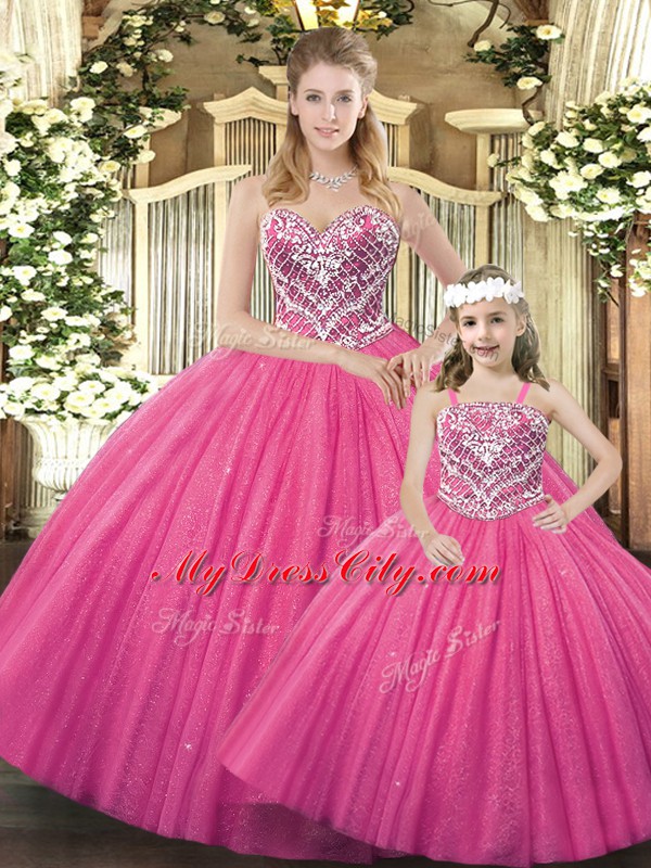 Hot Pink Sleeveless Beading Floor Length Sweet 16 Quinceanera Dress