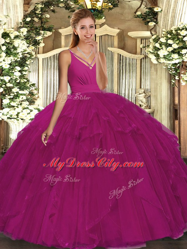 Cheap V-neck Sleeveless 15 Quinceanera Dress Floor Length Ruffles Fuchsia Organza