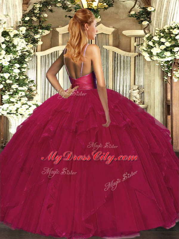 Cheap V-neck Sleeveless 15 Quinceanera Dress Floor Length Ruffles Fuchsia Organza