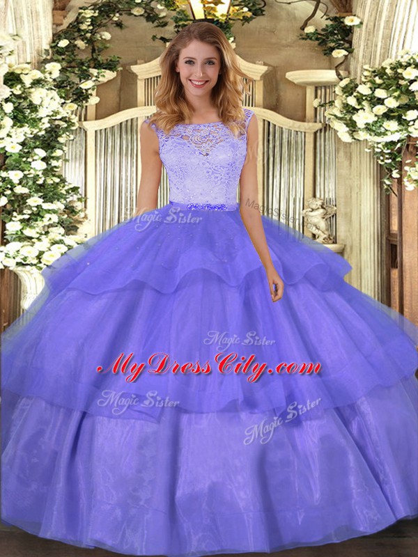 Superior Lavender Ball Gowns Organza Scoop Sleeveless Lace and Ruffled Layers Floor Length Clasp Handle 15 Quinceanera Dress