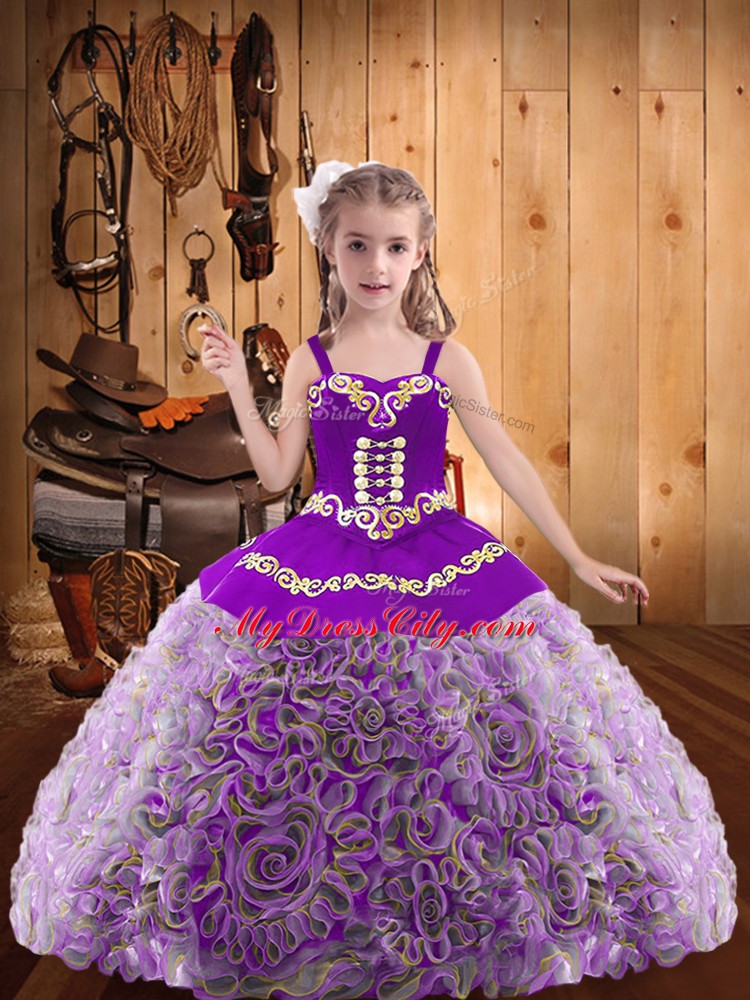 Pretty Multi-color Ball Gowns Fabric With Rolling Flowers Straps Sleeveless Embroidery and Ruffles Floor Length Lace Up Little Girls Pageant Dress Wholesale