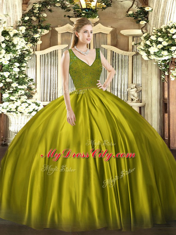 New Style Olive Green Sleeveless Beading and Lace Floor Length Quinceanera Dress