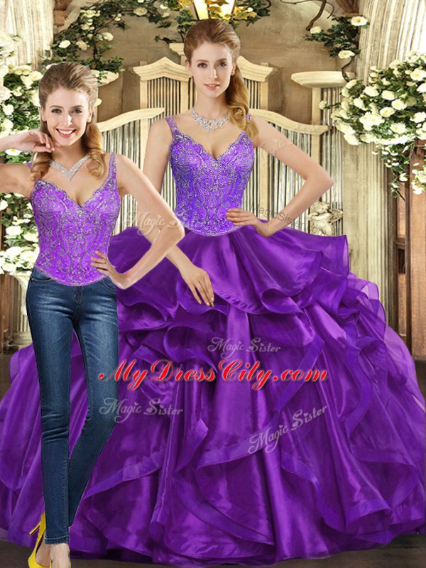 Exquisite Straps Sleeveless Lace Up Quinceanera Dresses Purple Organza