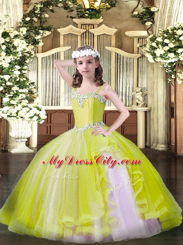 Exquisite Yellow Sleeveless Beading Floor Length Evening Gowns