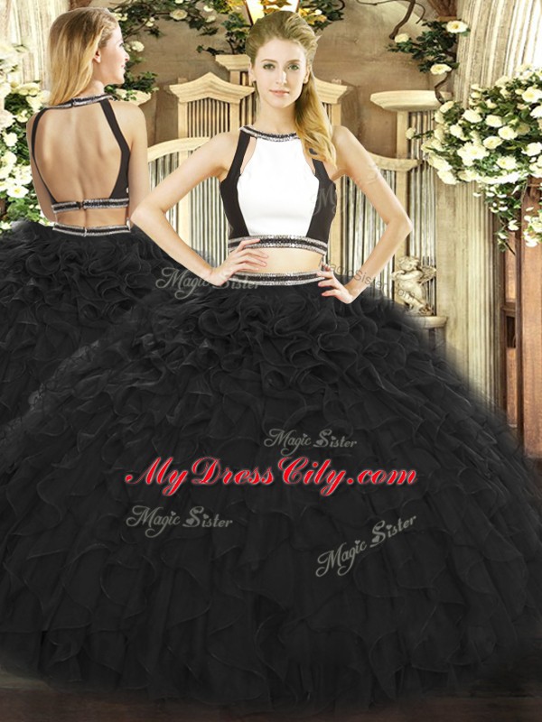 Black Halter Top Neckline Ruffles 15 Quinceanera Dress Sleeveless Backless