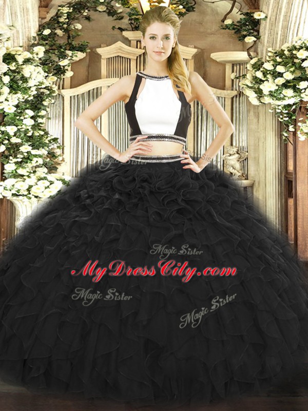 Black Halter Top Neckline Ruffles 15 Quinceanera Dress Sleeveless Backless