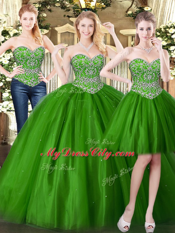 Comfortable Floor Length Dark Green 15th Birthday Dress Tulle Sleeveless Beading