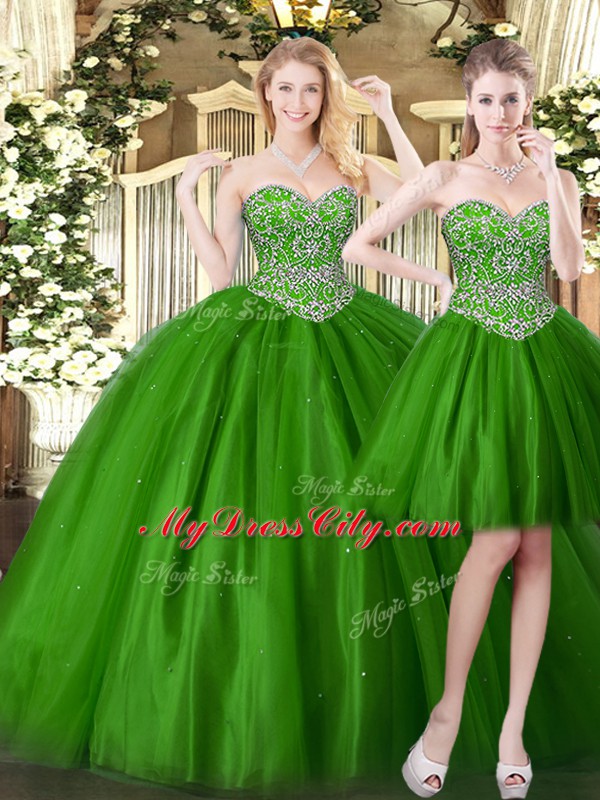 Comfortable Floor Length Dark Green 15th Birthday Dress Tulle Sleeveless Beading