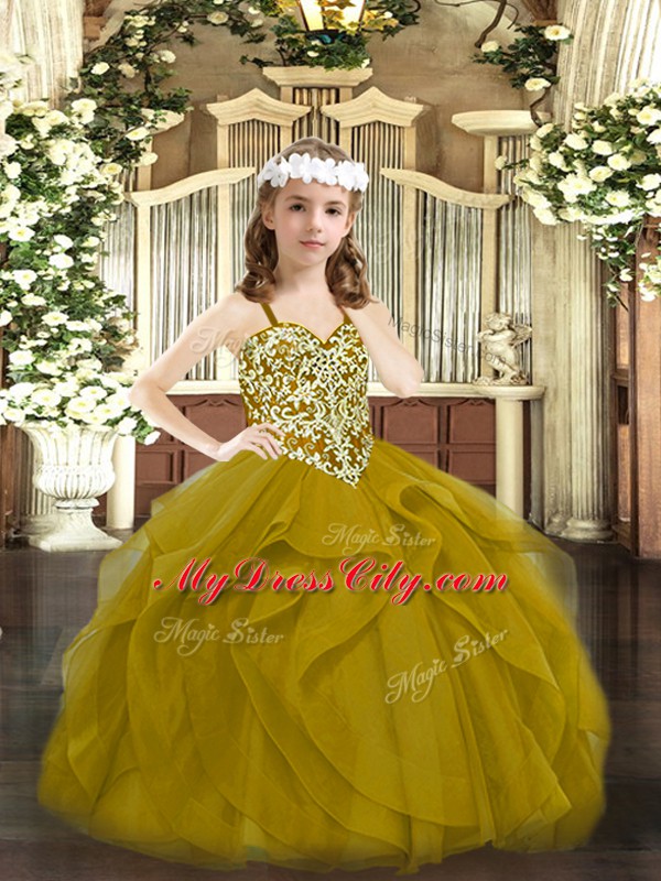 Enchanting Straps Sleeveless Tulle Kids Formal Wear Beading and Ruffles Lace Up