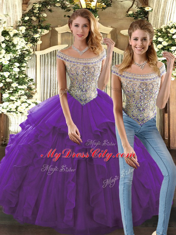 Comfortable Sleeveless Lace Up Floor Length Beading and Ruffles Quinceanera Dress