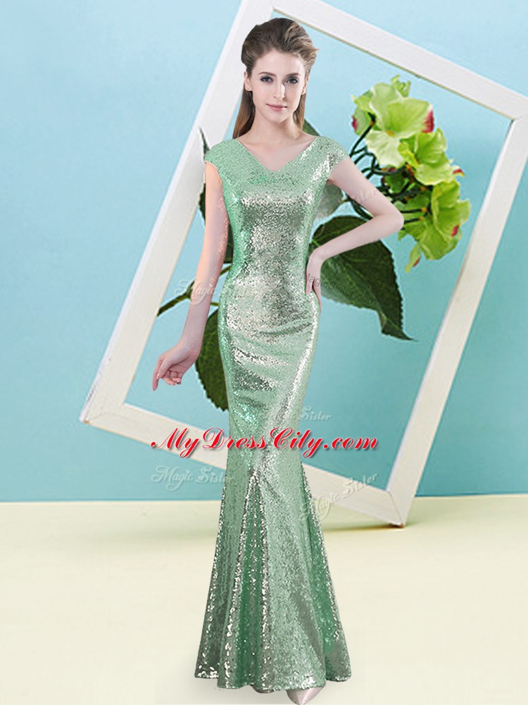 Vintage Turquoise Mermaid Sequined V-neck Cap Sleeves Sequins Floor Length Zipper Prom Dresses