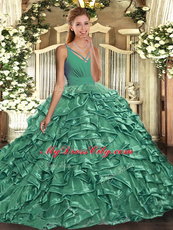 Traditional Green V-neck Backless Beading and Ruffles 15 Quinceanera Dress Sleeveless