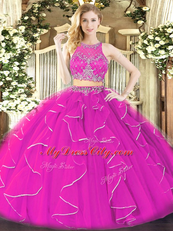 Elegant Fuchsia Ball Gowns Scoop Sleeveless Organza Floor Length Zipper Ruffles Quinceanera Gowns