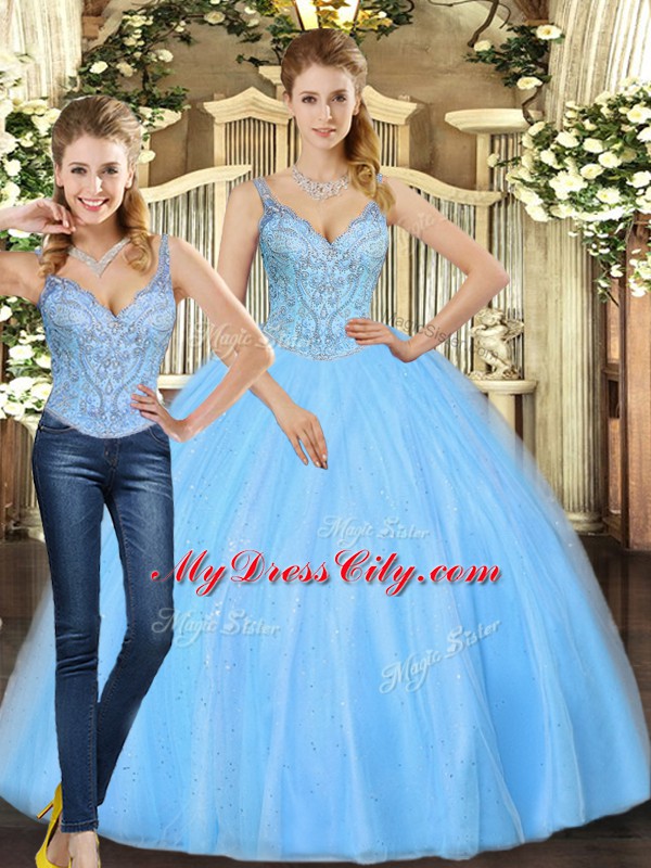 Discount Baby Blue Two Pieces Tulle Straps Sleeveless Beading Floor Length Lace Up 15 Quinceanera Dress