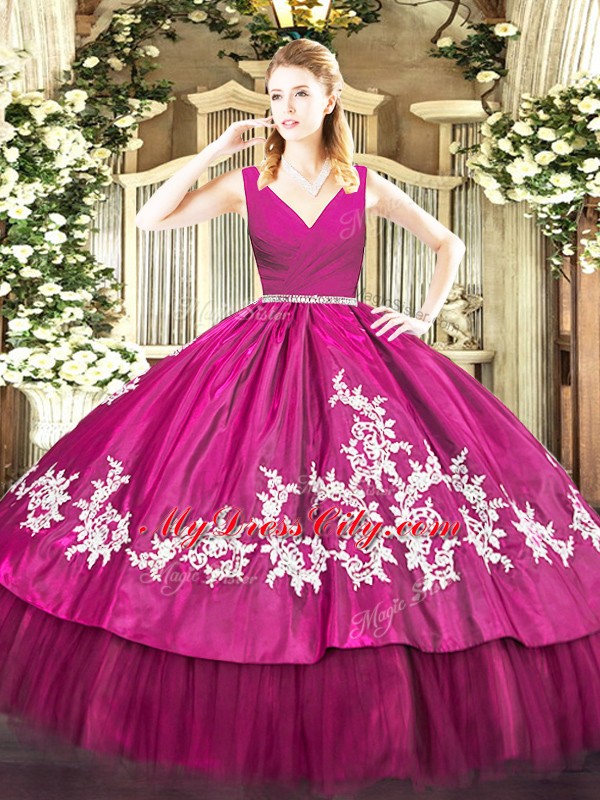 Shining Floor Length Fuchsia Vestidos de Quinceanera V-neck Sleeveless Zipper