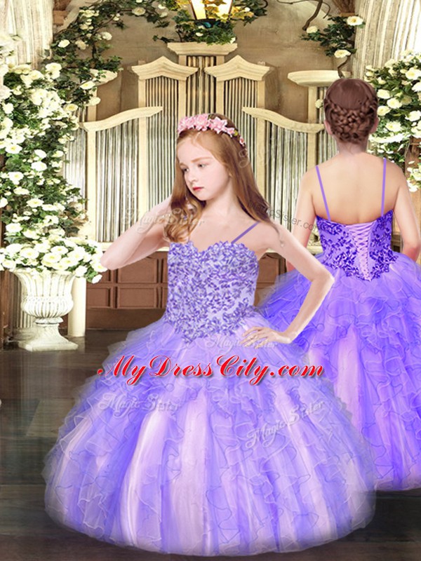 Sleeveless Organza Floor Length Lace Up Little Girl Pageant Gowns in Lavender with Appliques and Ruffles