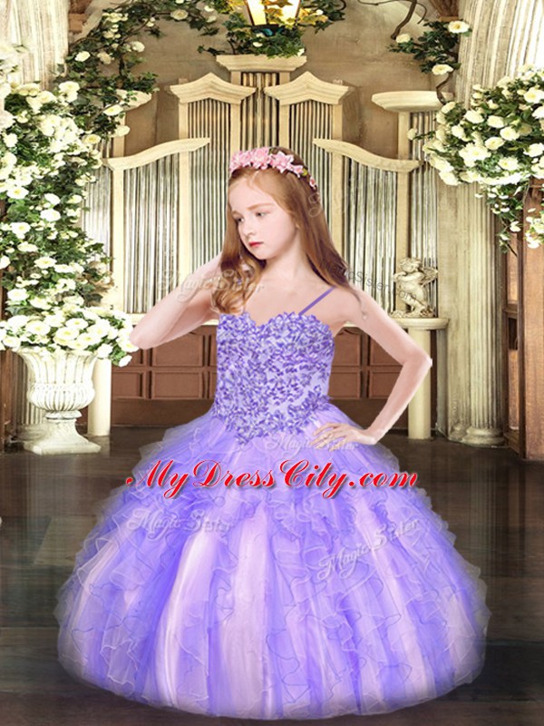 Sleeveless Organza Floor Length Lace Up Little Girl Pageant Gowns in Lavender with Appliques and Ruffles