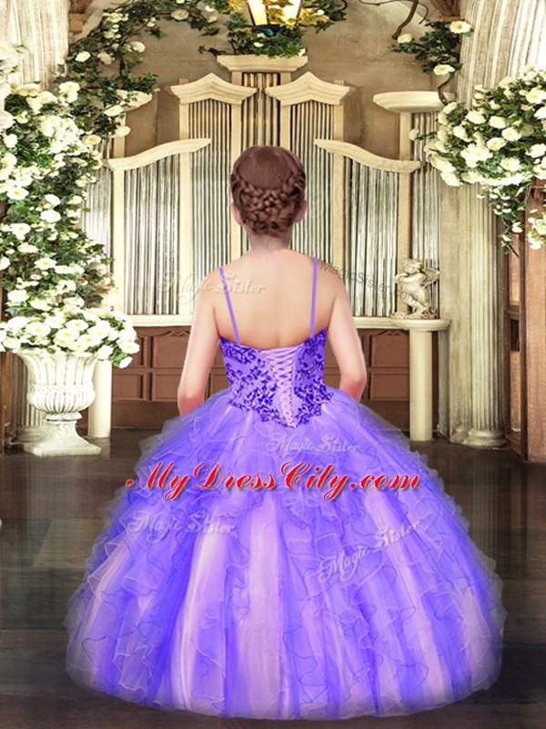 Sleeveless Organza Floor Length Lace Up Little Girl Pageant Gowns in Lavender with Appliques and Ruffles