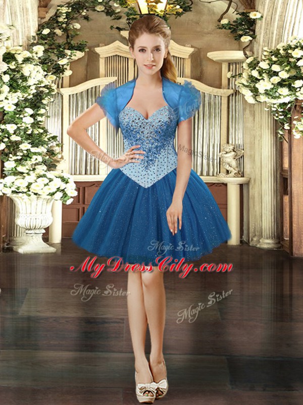 Inexpensive Sleeveless Mini Length Beading Lace Up Prom Dress with Royal Blue