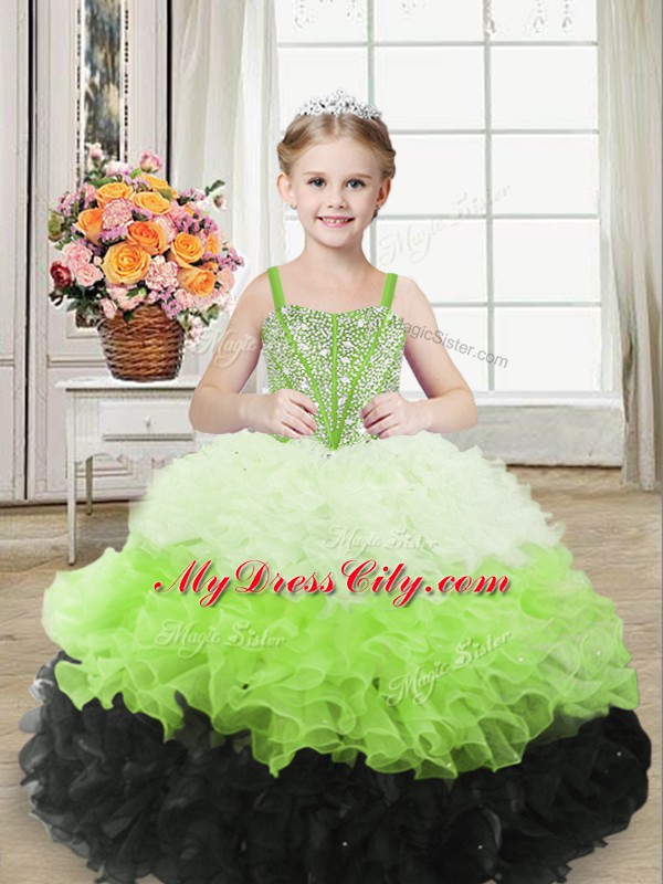 High Class Sleeveless Floor Length Beading and Ruffles Zipper Little Girl Pageant Dress with Multi-color