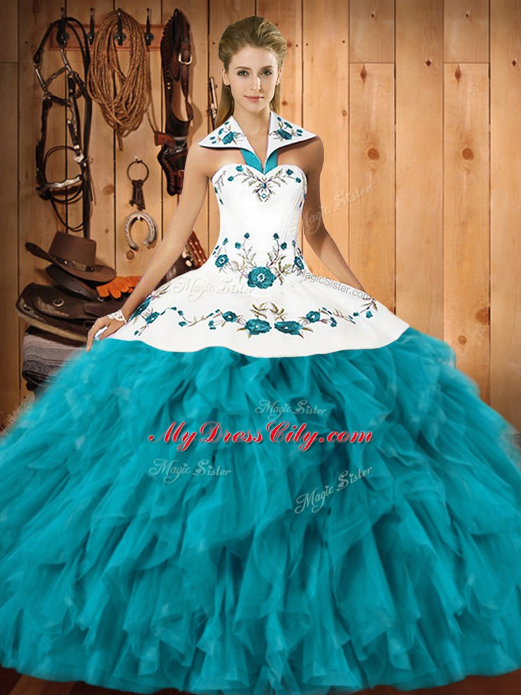 Teal Ball Gowns Halter Top Sleeveless Satin and Organza Floor Length Lace Up Embroidery and Ruffles Quinceanera Gown