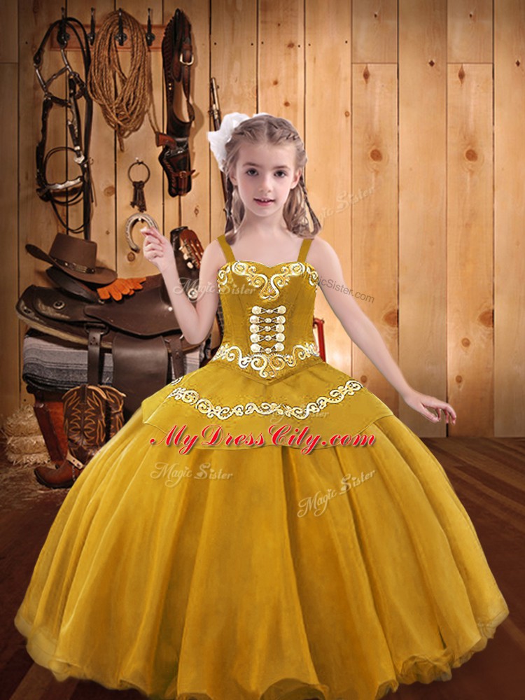 Custom Fit Gold Straps Lace Up Embroidery Kids Formal Wear Sleeveless