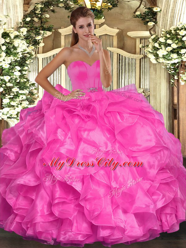 Hot Sale Floor Length Hot Pink Quince Ball Gowns Organza Sleeveless Beading and Ruffles