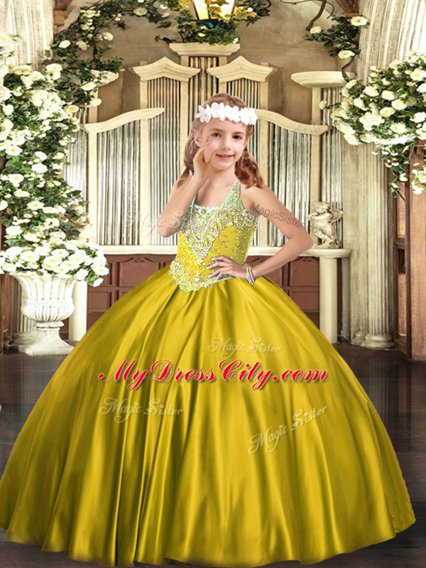 Gold Lace Up Girls Pageant Dresses Beading Sleeveless Floor Length