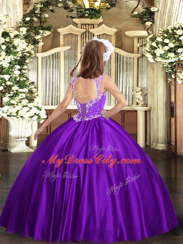 Gold Lace Up Girls Pageant Dresses Beading Sleeveless Floor Length