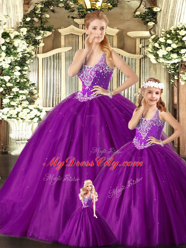 New Style Purple Vestidos de Quinceanera Military Ball and Sweet 16 and Quinceanera with Beading Straps Sleeveless Lace Up