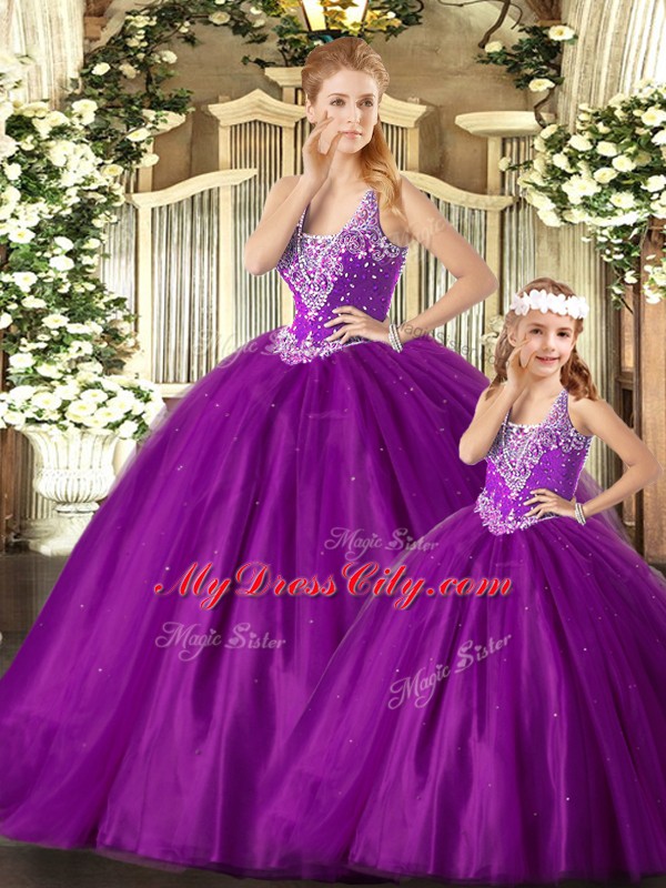 New Style Purple Vestidos de Quinceanera Military Ball and Sweet 16 and Quinceanera with Beading Straps Sleeveless Lace Up