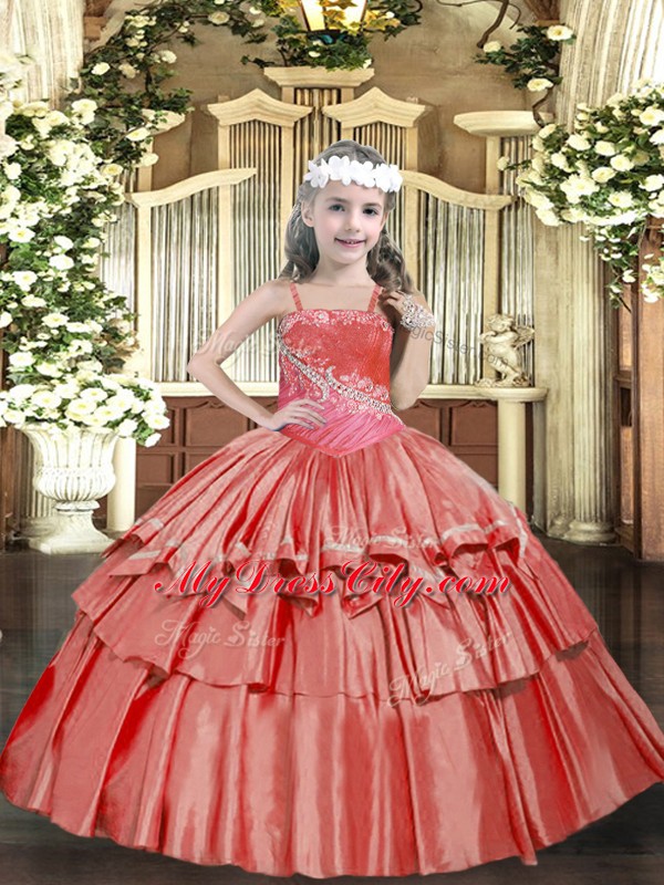 Hot Selling Coral Red Organza Lace Up Straps Sleeveless Floor Length Pageant Dress for Girls Beading and Ruffled Layers