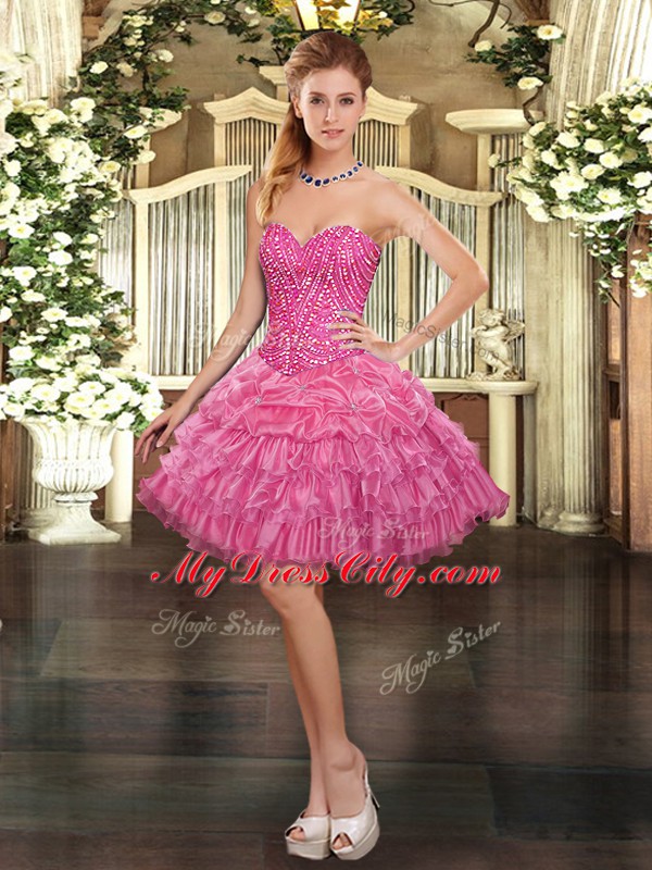 Rose Pink Sleeveless Beading and Ruffled Layers and Pick Ups Mini Length Prom Party Dress