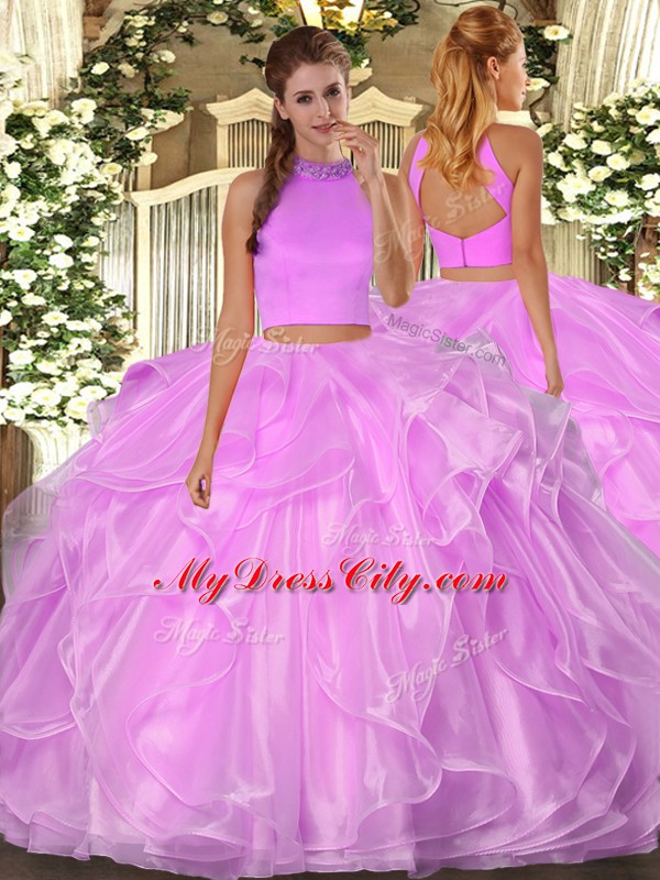 Custom Fit Sleeveless Organza Floor Length Backless 15 Quinceanera Dress in Lilac with Beading and Ruffles