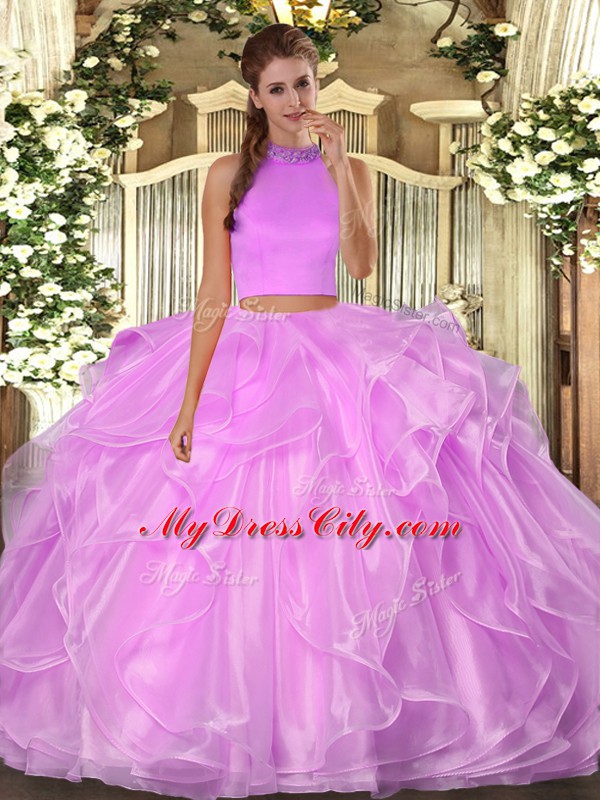 Custom Fit Sleeveless Organza Floor Length Backless 15 Quinceanera Dress in Lilac with Beading and Ruffles