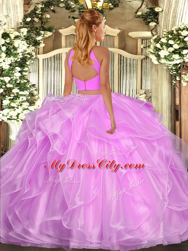 Custom Fit Sleeveless Organza Floor Length Backless 15 Quinceanera Dress in Lilac with Beading and Ruffles