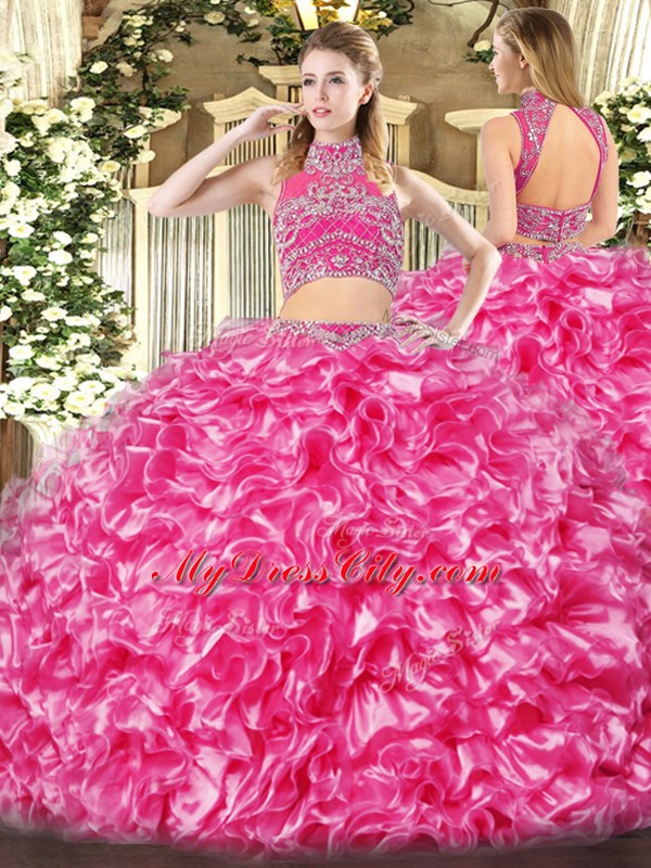 Two Pieces 15 Quinceanera Dress Hot Pink High-neck Tulle Sleeveless Floor Length Backless