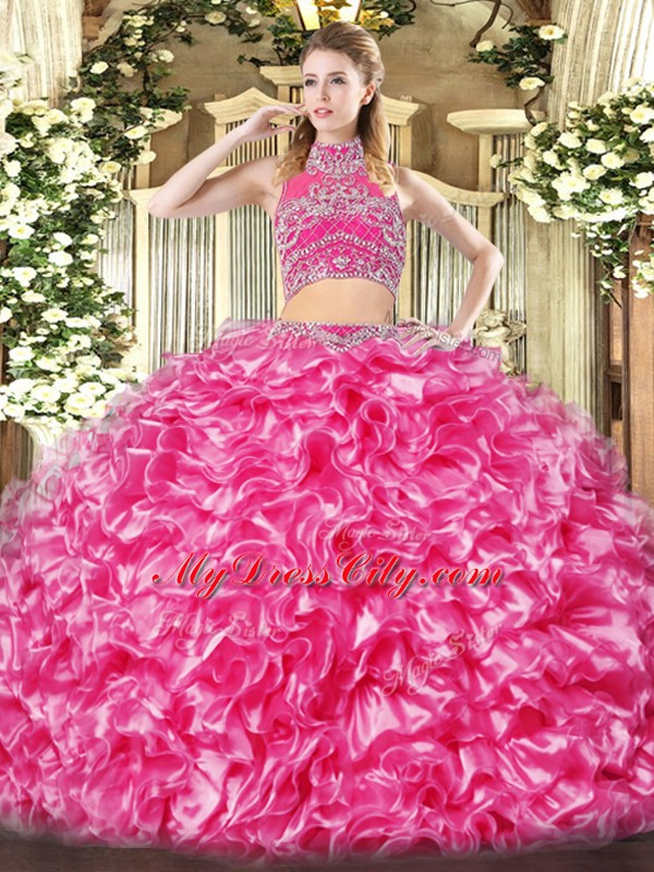 Two Pieces 15 Quinceanera Dress Hot Pink High-neck Tulle Sleeveless Floor Length Backless