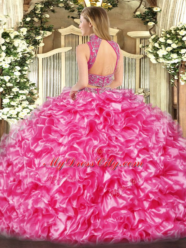 Two Pieces 15 Quinceanera Dress Hot Pink High-neck Tulle Sleeveless Floor Length Backless