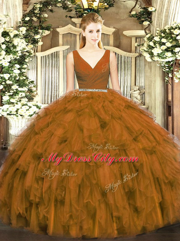 Brown Sleeveless Tulle Zipper Quince Ball Gowns for Military Ball and Sweet 16 and Quinceanera