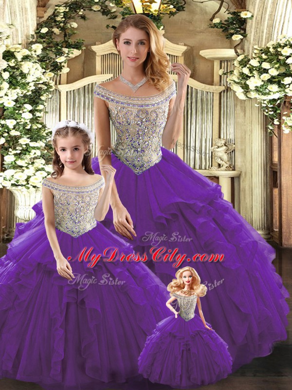 Ideal Ball Gowns Sweet 16 Quinceanera Dress Purple Bateau Tulle Sleeveless Floor Length Lace Up