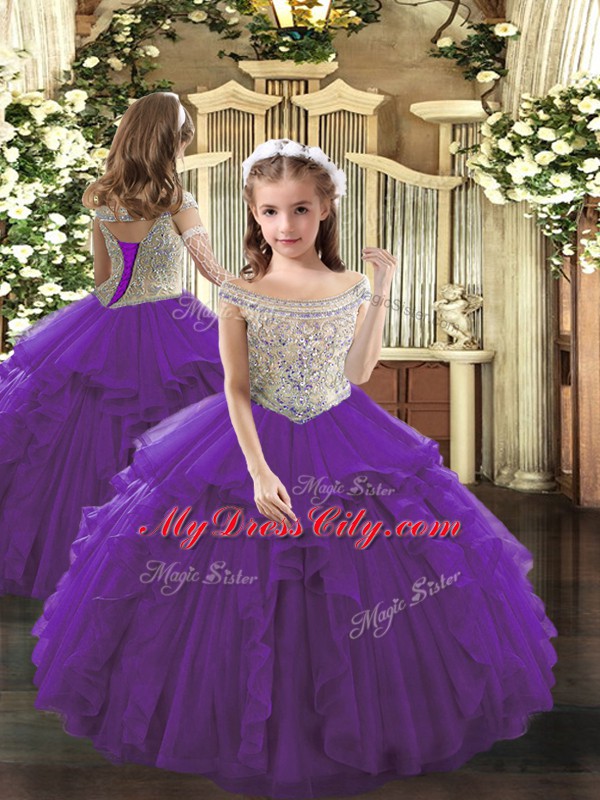 Ideal Ball Gowns Sweet 16 Quinceanera Dress Purple Bateau Tulle Sleeveless Floor Length Lace Up