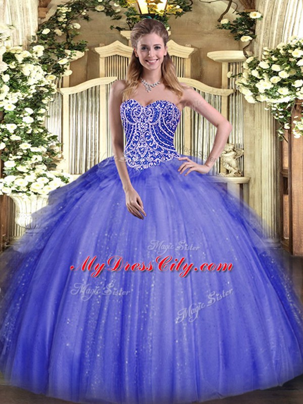 Blue Ball Gowns Sweetheart Sleeveless Organza Floor Length Lace Up Beading and Ruffles 15 Quinceanera Dress