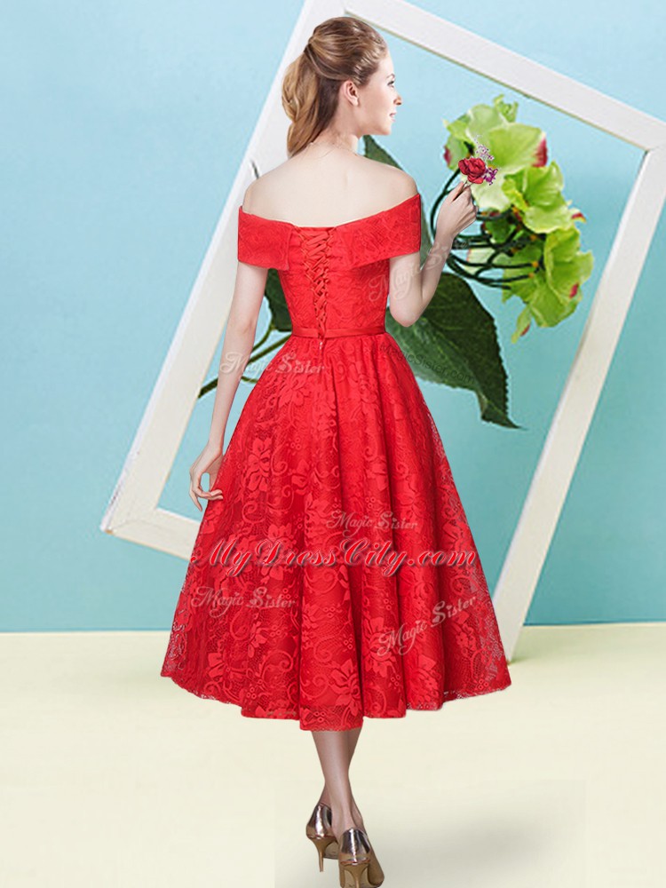 Customized Rust Red Wedding Guest Dresses Prom and Party and Wedding Party with Bowknot Off The Shoulder Cap Sleeves Lace Up