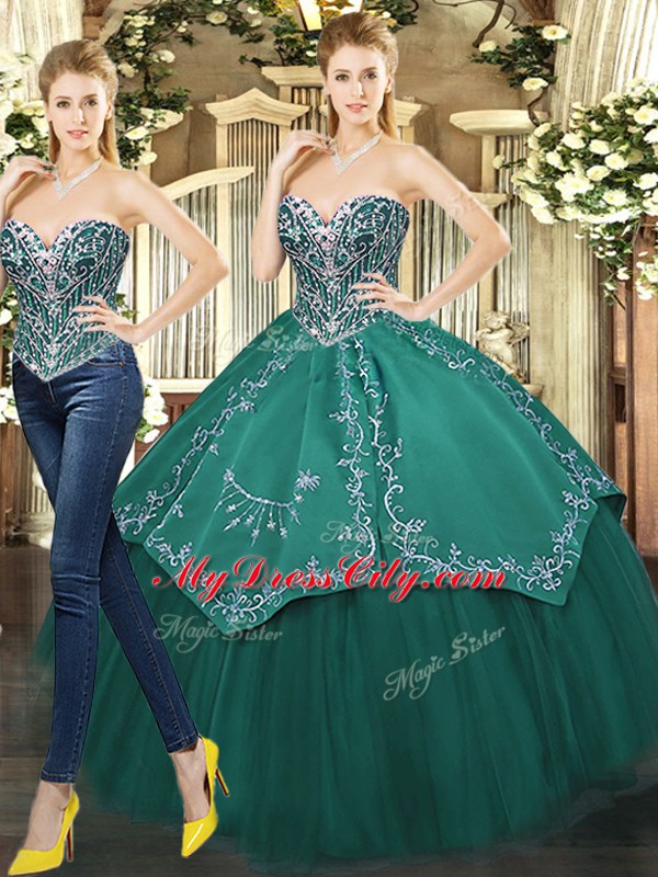 Chic Sweetheart Sleeveless Lace Up Quinceanera Dresses Dark Green Tulle